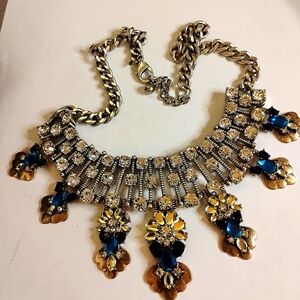 Vintage Curb Link Silver Tone Blue and Clear Crystal  Bib Statement Necklace
